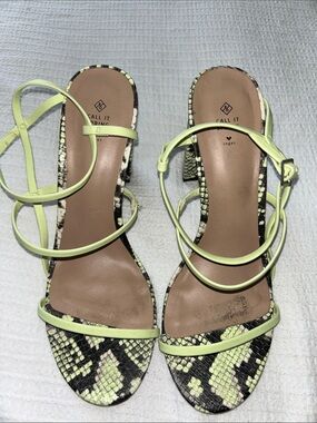 Call It Spring Women’s Neon Yellow Snake-Print Strappy Heels